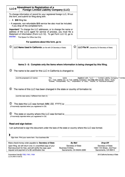 Fillable Form Llc-6 - Amendment To Registration Of A Foreign Limited Liability Company Form Printable pdf