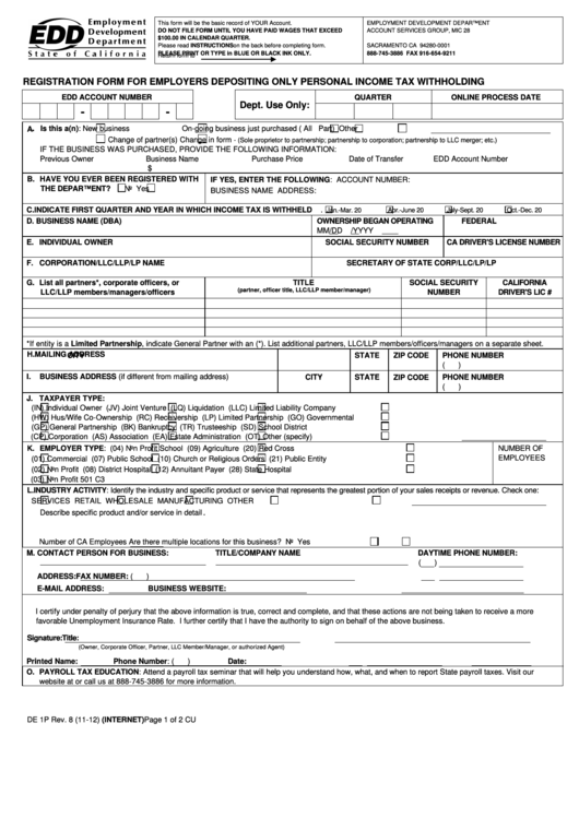 Fillable Form De 1p - Registration Form For Employers Depositing Only Personal Income Tax Withholding Printable pdf
