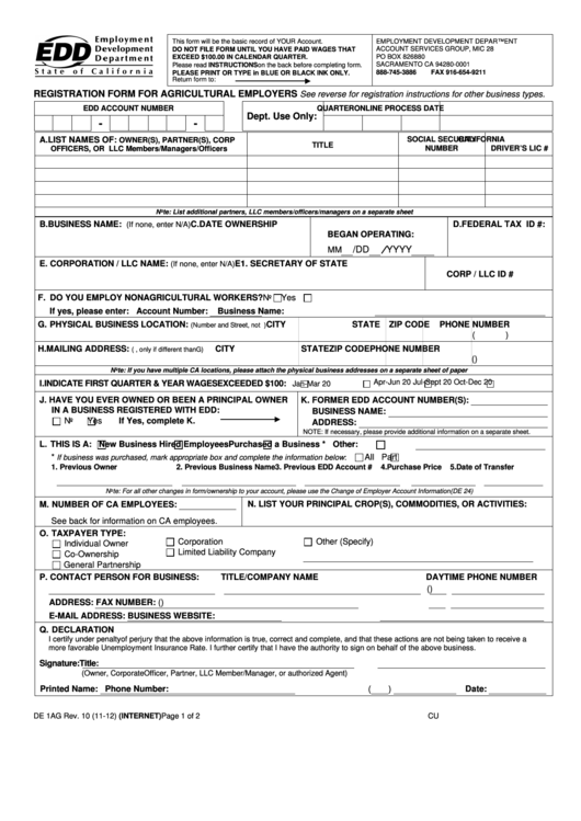 Fillable Form De 1ag - Registration Form For Agricultural Employers Printable pdf