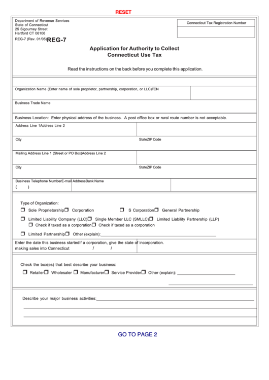 Fillable Form Reg-7 - Application For Authority To Collect Connecticut Use Tax Form - Department Of Revenue Services State Of Connecticut Printable pdf