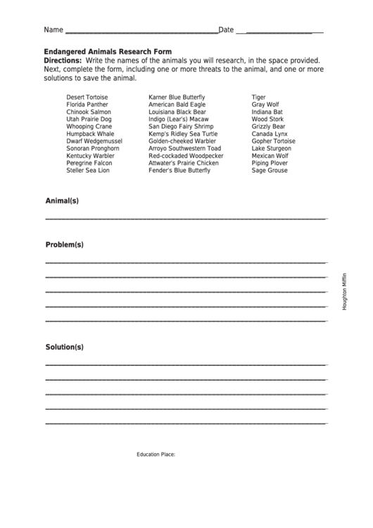 Endangered Animals Research Form Printable pdf