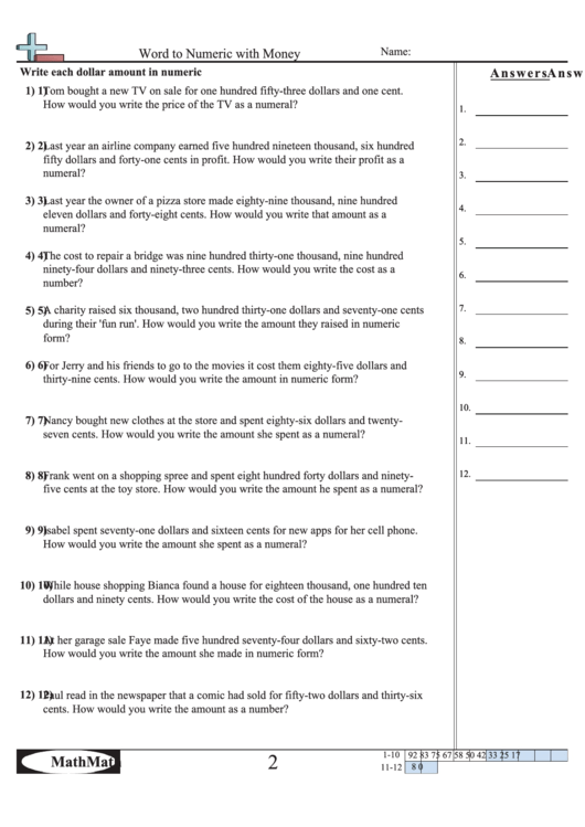 Word To Numeric With Money Worksheet Printable pdf