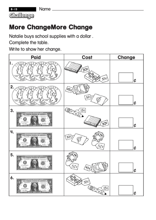 More Change - Challenge Math Worksheet With Answer Key Printable pdf