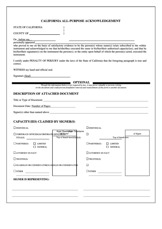 California All Purpose Acknowledgement Form Printable Pdf Download