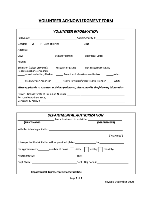 Volunteer Acknowledgment Form Printable pdf