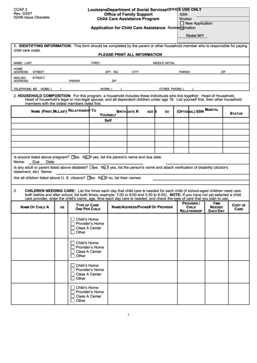 Application For Child Care Assistance Printable pdf