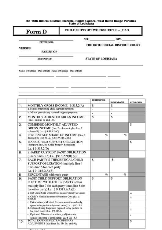 Form D - Child Support Worksheet B Printable pdf