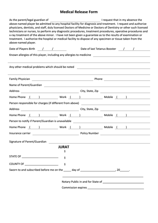 Fillable Medical Release Form printable pdf download