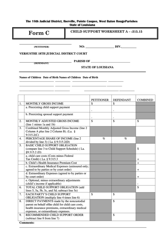 Form C - Child Support Worksheet A Printable pdf