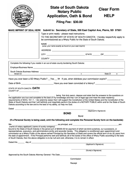 Fillable State Of South Dakota Notary Public Application, Oath & Bond Printable pdf