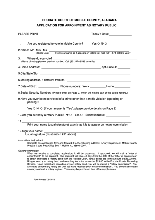 Fillable Application For Appointment As Notary Public Form - Probate Court Of Mobile County, Alabama Printable pdf