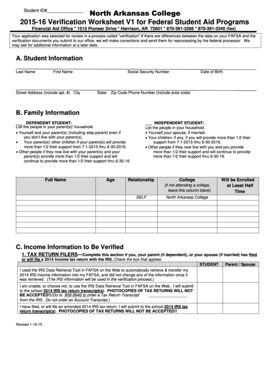 2015-16 Verification Worksheet V1 For Federal Student Aid Programs Printable pdf