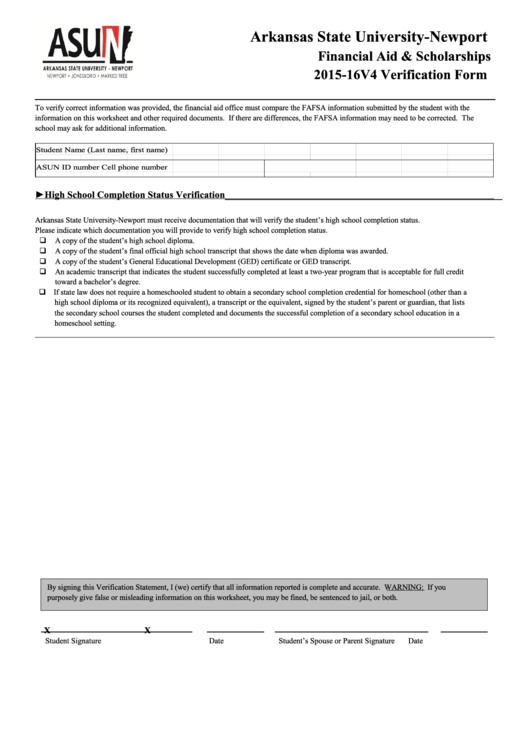 Financial Aid & Scholarships 2015-16 V4 Verification Form Printable pdf