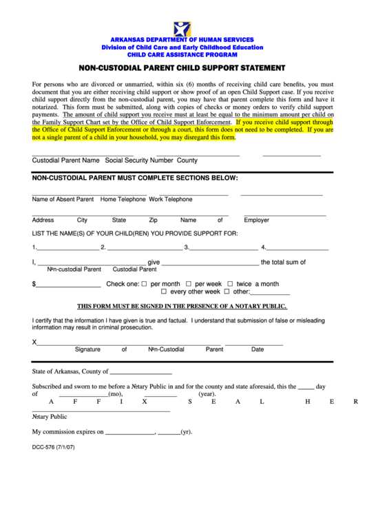 Non-Custodial Parent Child Support Statement Printable pdf