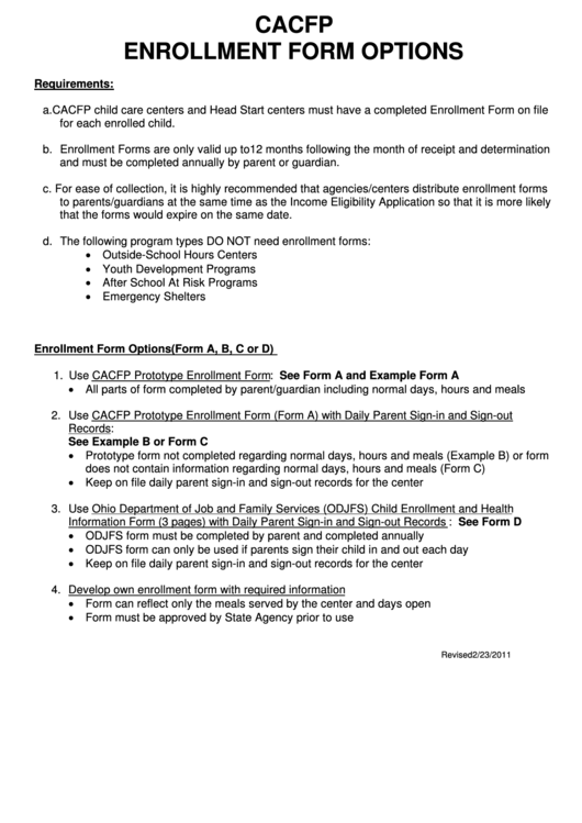 Cacfp Enrollment Form Options Printable pdf