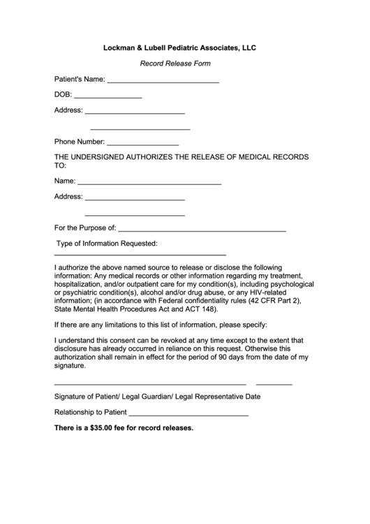 Record Release Form Printable pdf