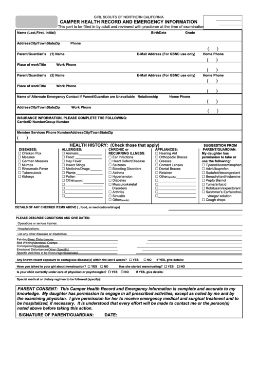 Girl Scouts Of Northern California Camper Health Record And Emergency Information Form Printable pdf