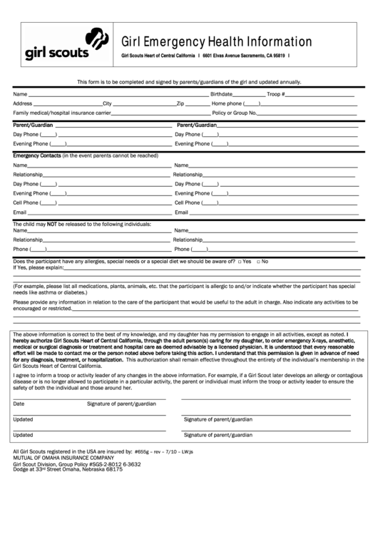 Fillable Girl Scouts Heart Of Central California, Girl Emergency Health Information Form Printable pdf