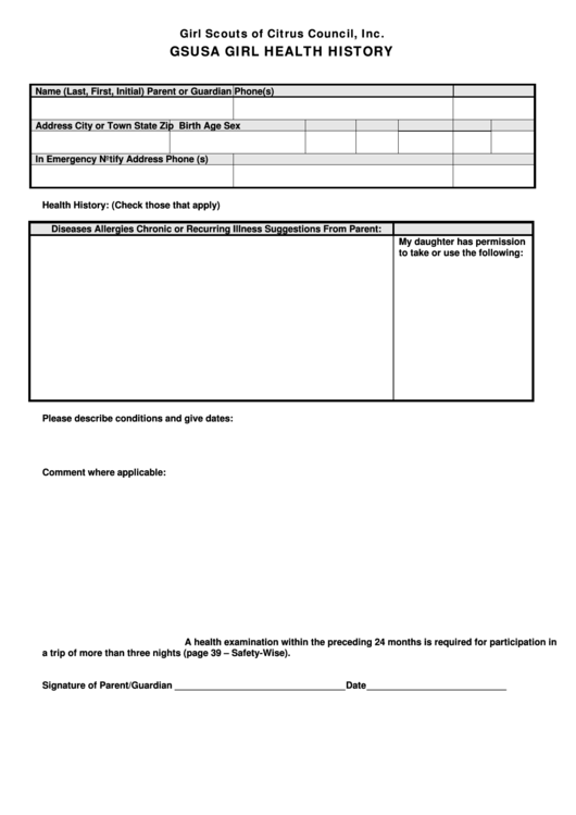 Fillable Girl Scouts Of Citrus Council, Inc. Gsusa Girl Troop Health History Form Printable pdf