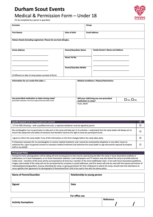 Durham Scout Events Medical And Consent Form (Under 18) Printable pdf