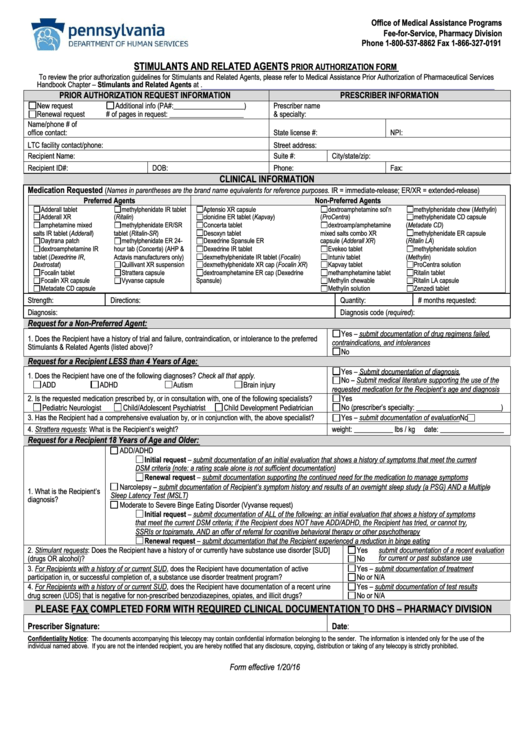 Stimulants And Related Agents Prior Authorization Form Printable pdf