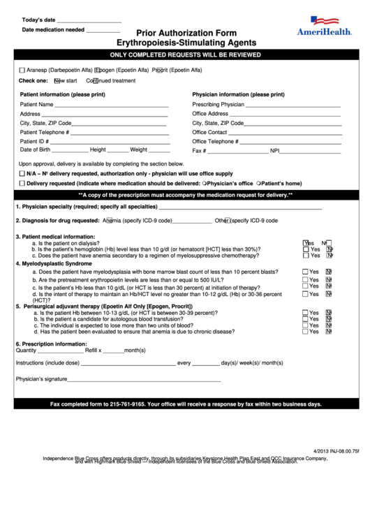 Prior Authorization Form Erythropoiesis Stimulating Agents Printable pdf
