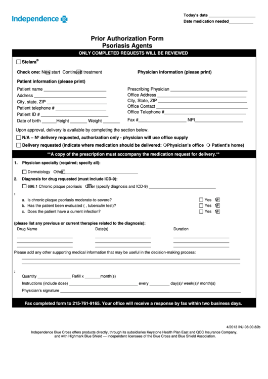 Prior Authorization Form Psoriasis Agents Printable pdf