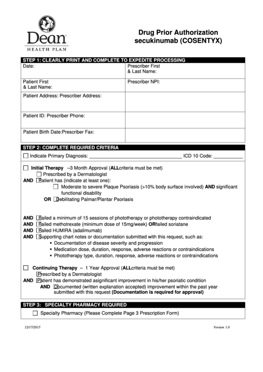 Fillable Drug Prior Authorization Form Secukinumab (Cosentyx) Printable pdf