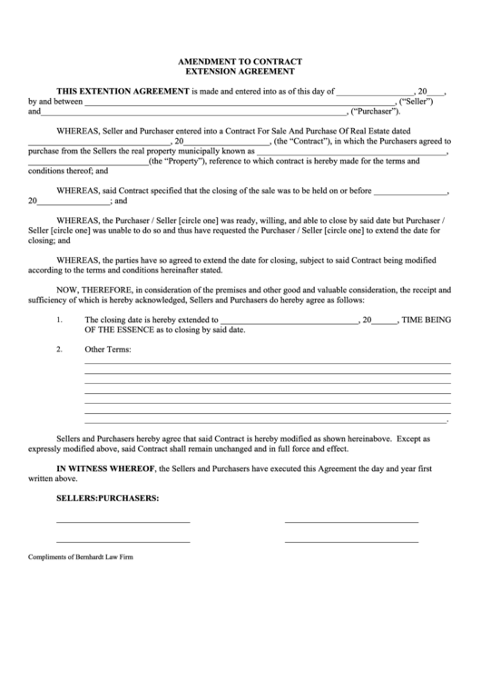 Amendment To Contract Extension Agreement Printable pdf