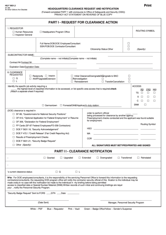 Fillable Hq F 5631.2 - Request For Clearance Action Printable pdf
