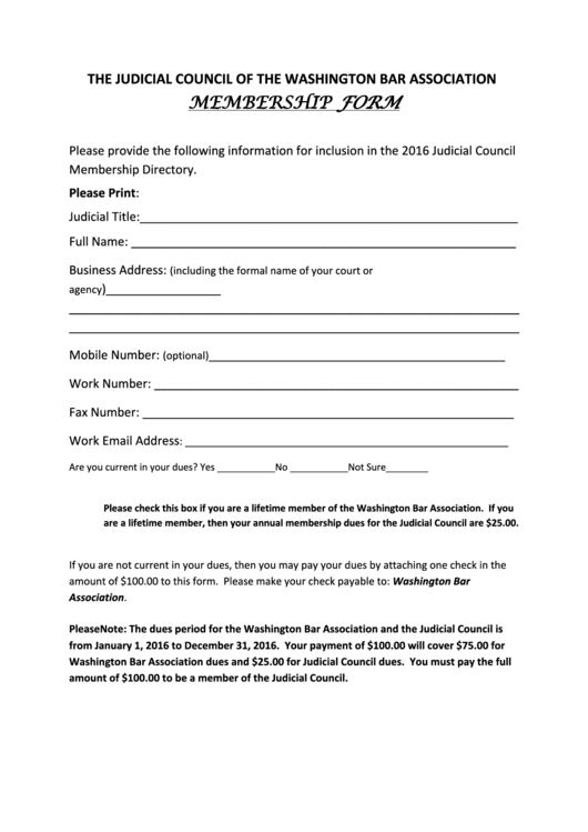 Membership Form - The Judicial Council Of The Washington Bar Association Printable pdf