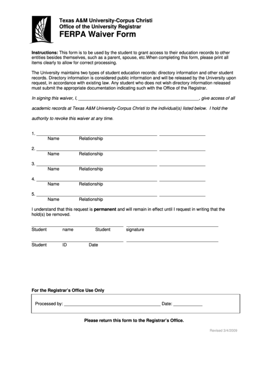 Ferpa Waiver Form Printable pdf