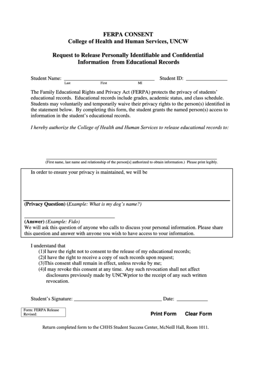 Fillable Ferpa Consent College Of Health And Human Services, Uncw Printable pdf