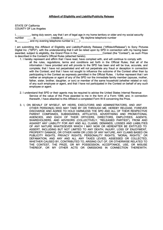 Affidavit Of Eligibility And Liability Printable pdf