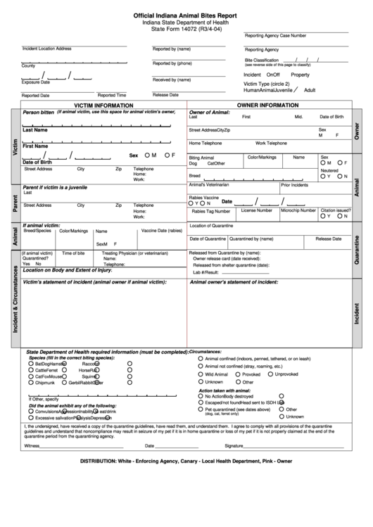 Fillable State Form 14072 - Official Indiana Animal Bites Report Printable pdf