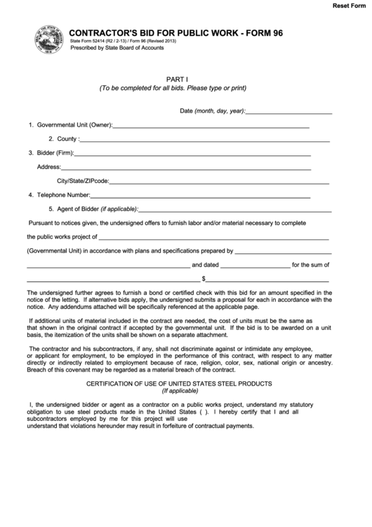 Fillable Form 96 - Contractors Bid For Public Work - Indiana Printable pdf