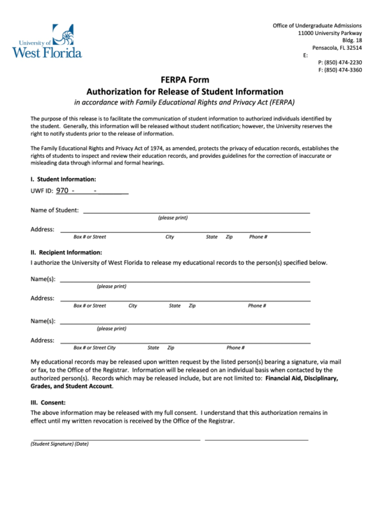 Ferpa Form Authorization For Release Of Student Information Printable pdf