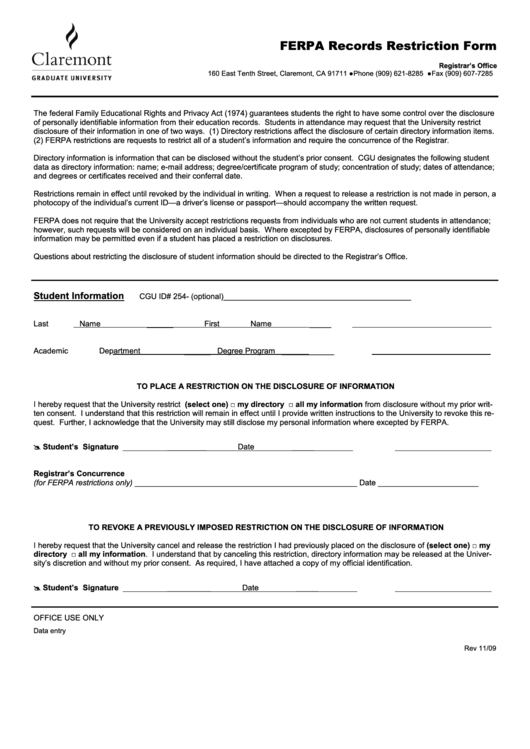 Ferpa Records Restriction Form Printable pdf