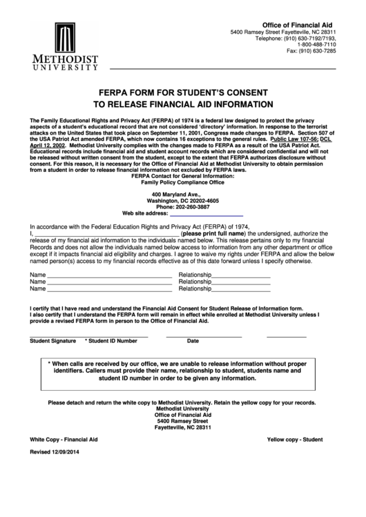 Ferpa Form For Student's Consent To Release Financial Aid Information