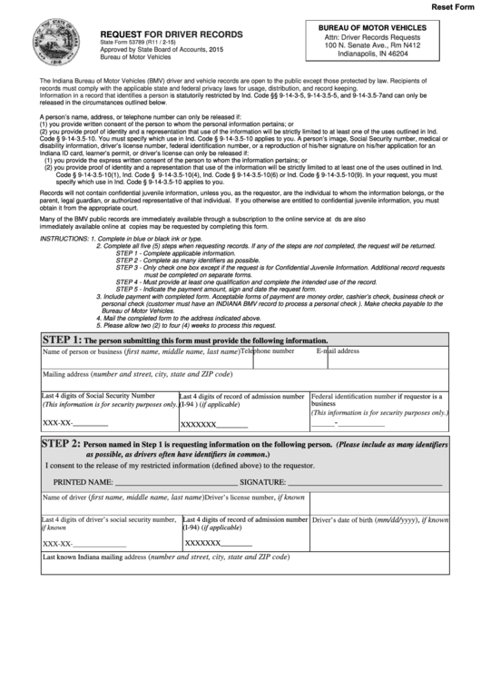 Fillable Indiana Form 53789 Request For Driver Records Printable pdf
