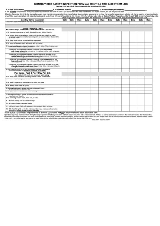 Monthly Crib Safety Inspection Form And Monthly Fire And Storm Log Printable pdf