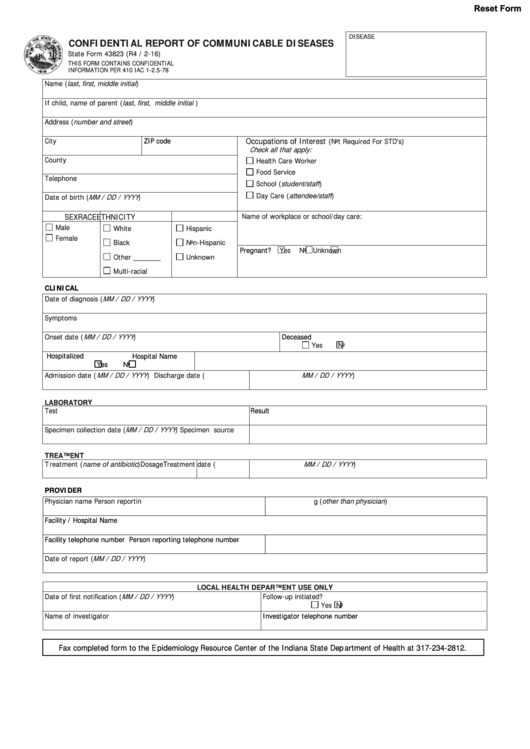 Fillable State Form 43823 - Confidential Report Of Communicable Diseases Printable pdf