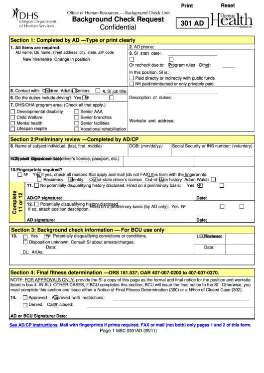 Fillable Form Msc 0301ad - Background Check Request Form Printable pdf