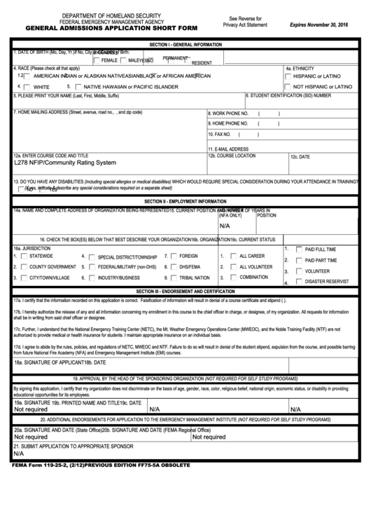 Fillable Fema Form 119-25-2 - General Admissions Application Short Form Printable pdf
