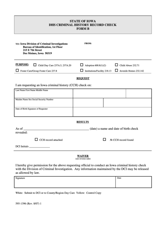 Form 595-1396 - Dhs Criminal History Record Check Form B - State Of Iowa Printable pdf