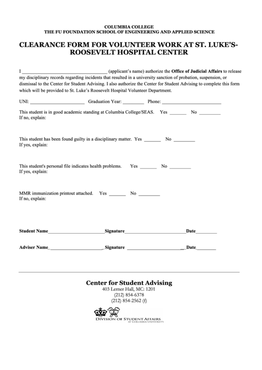 Clearance Form For Volunteer Work At St Lukes Roosevelt Hospital Center