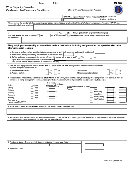 Fillable Form Owcp-5b - Work Capacity Evaluation Cardiovascular Pulmonary Conditions - U.s. Department Of Labor, Office Of Workers
