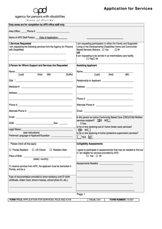 Form 10-007 - Application For Services Form Printable pdf