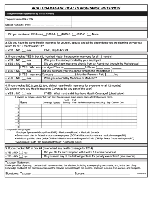 Fillable Obamacare Health Insurance Interview Printable pdf