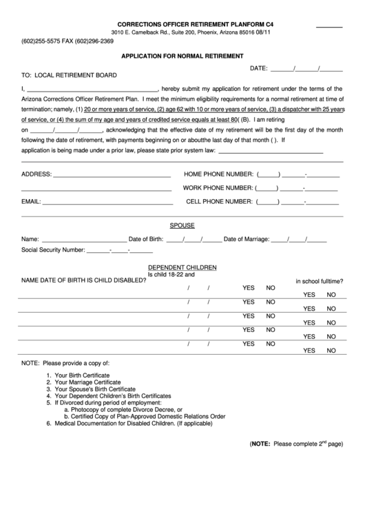 Fillable Form C4 - Application For Normal Retirement - 2011 Printable pdf